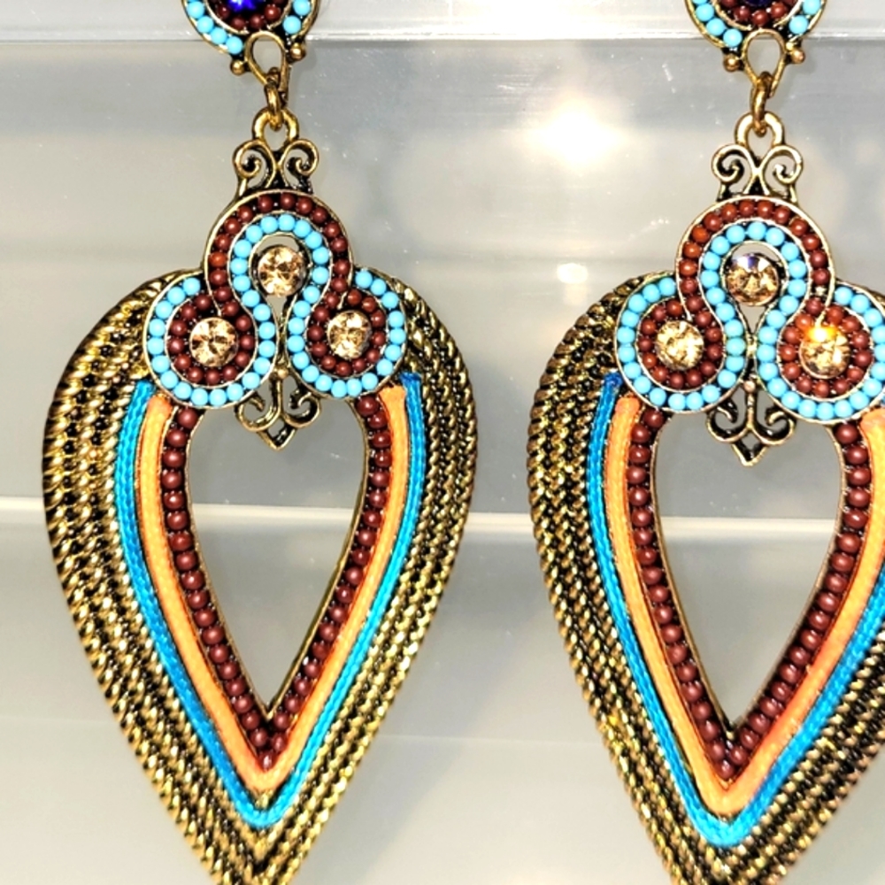 Dangle Post Earrings, Egyptian Jeweled Chic Gold-tone Earrings, New